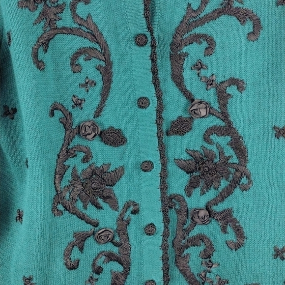 Arriviste Dark Green Embroidered Long Sleeve Button Front Cardigan Sweater - Picture 4 of 10